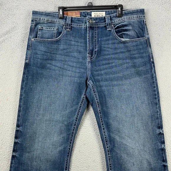 T.K. Axel Jeans Slim Boot Mens 38X32 Blue Distressed Stretch 5 Pocket Denim NEW